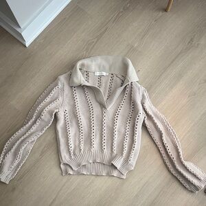 Jonathan Simkhai Open-Knit V-Neck Collared Sweater in Cream